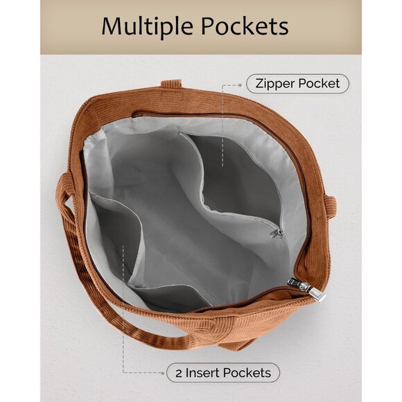 Women Brown Corduroy Large Shoulder Tote Shopping Bag with Zipper and Pockets - Picture 4 of 7